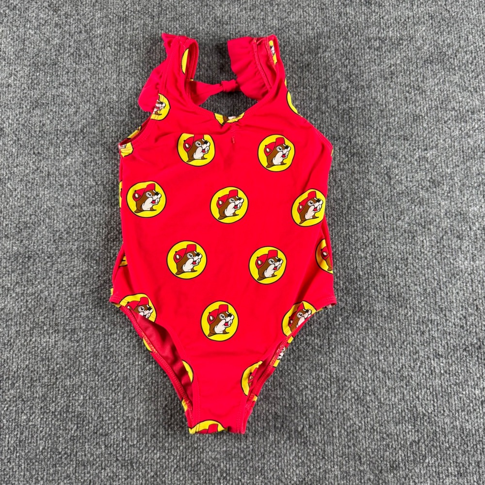 Buc-ee's Girls Red Beaver Logo One Piece Swimsuit Ruffle Straps Size 5T
